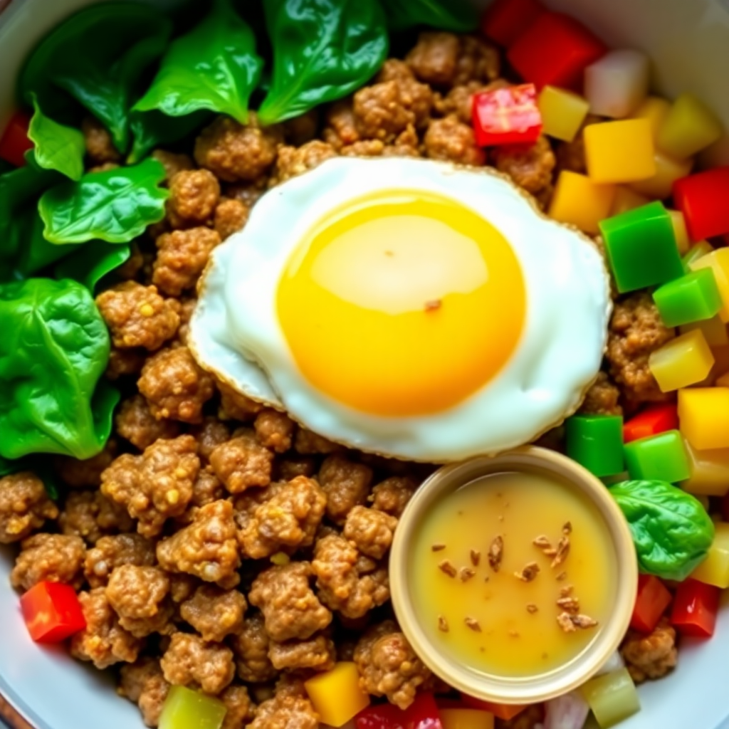 Savory Beef and Veggie Breakfast Bowl with Egg and Garlic Sauce
