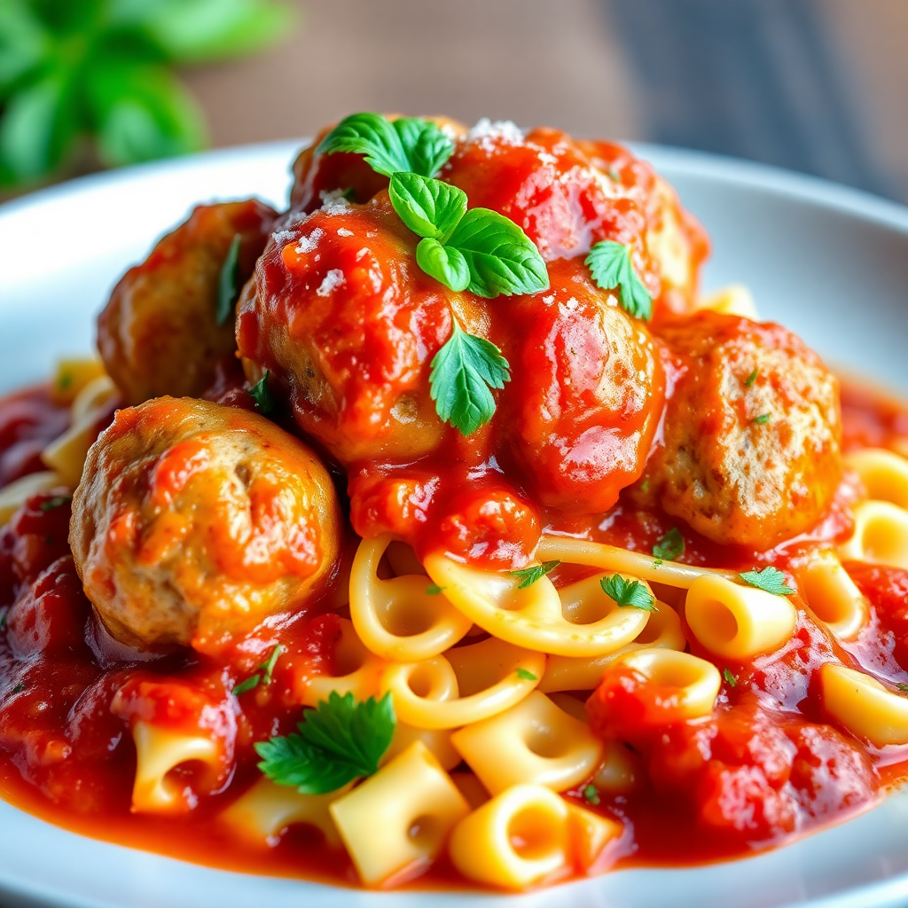 Italian Sausage and Mozzarella Stuffed Meatballs with Mini Farfalle