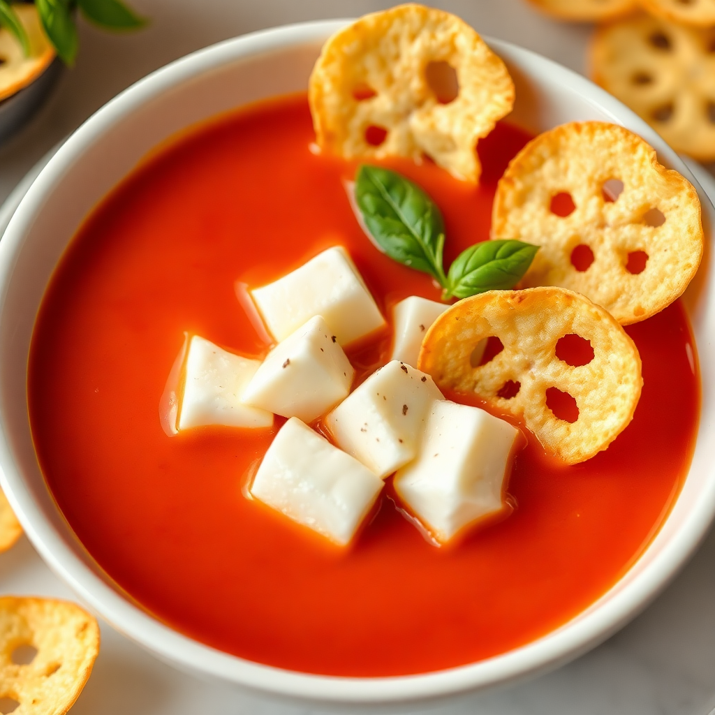 Tomato and Mozzarella Soup with Parmesan Crisps