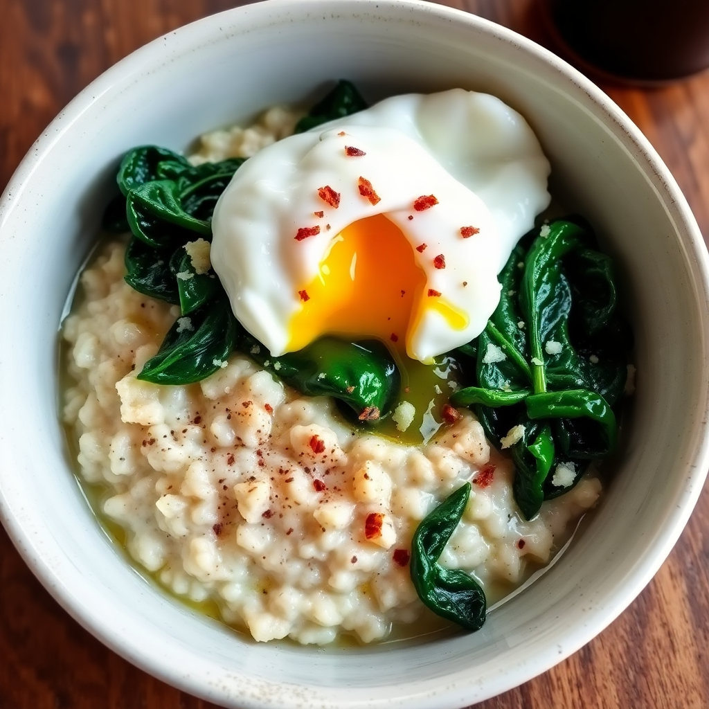 Savory Oatmeal with Spinach and Poached Egg
