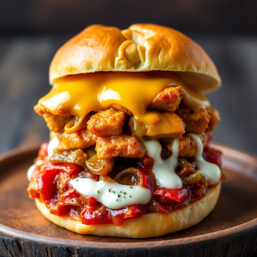 Hearty Chicken Cheddar Sandwich with Roasted Veggie Sauce and Herbed Yogurt