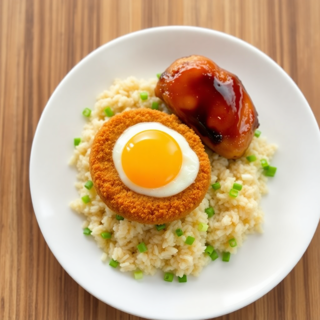 Crispy Frozen Egg Katsu with Garlic Fried Rice and Teriyaki Chicken