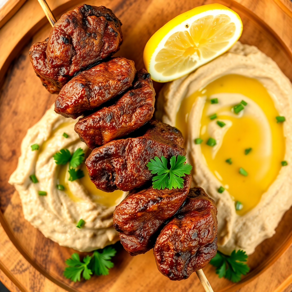 Beef Kebabs with Creamy Hummus