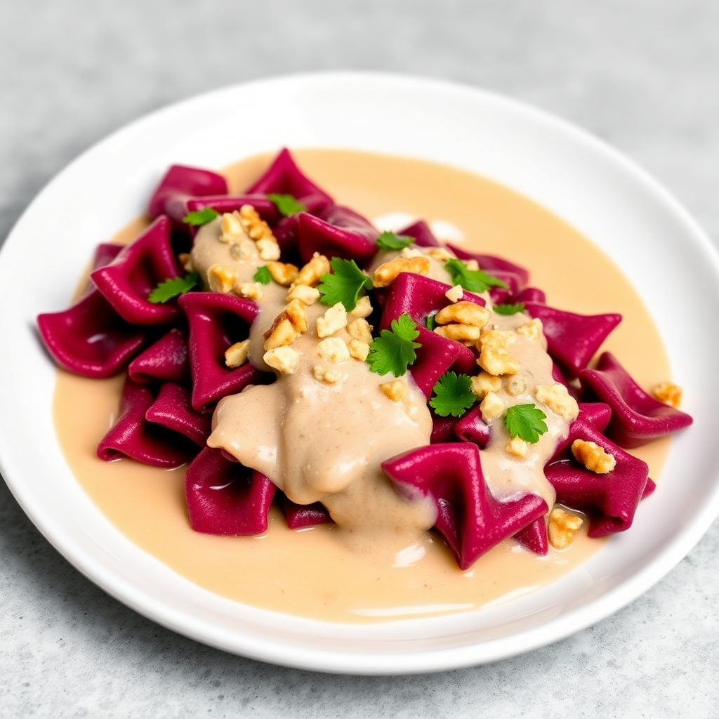 Farfalle de Betarraga with Walnut Gorgonzola Sauce