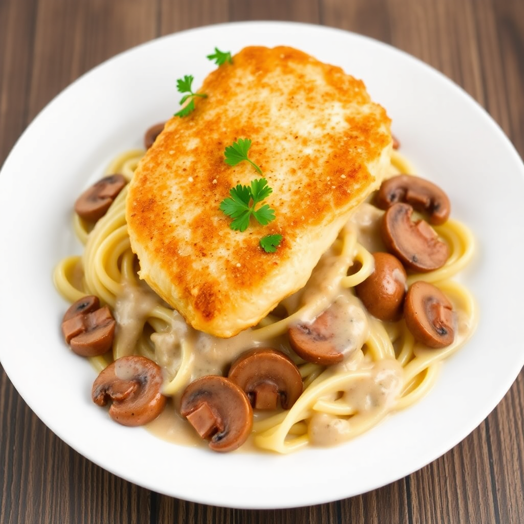 Chicken Cutlets with Angel Hair Pasta, Cut Franks, and Mushroom Sauce