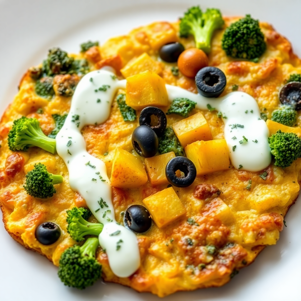 Mediterranean Broccoli & Potato Frittata with Yogurt Olive Sauce