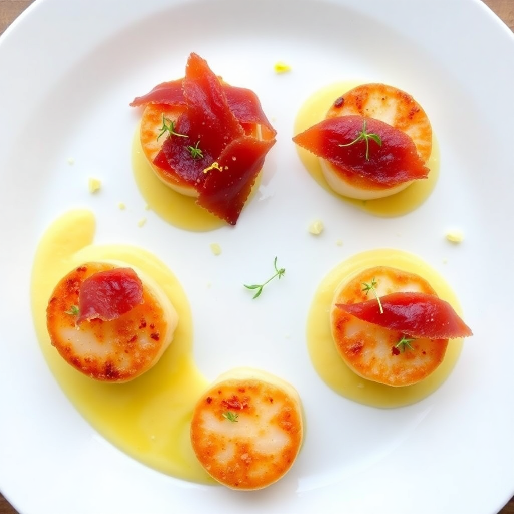 Seared Scallops with Saffron Cauliflower Purée and Crispy Prosciutto