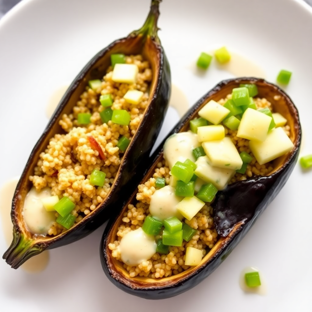 Quinoa Stuffed Eggplant with Celery-Apple Salsa