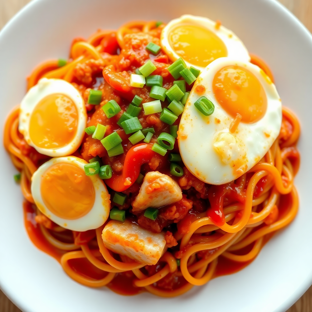 Spicy Egg and Minced Fish Noodle Stir-Fry