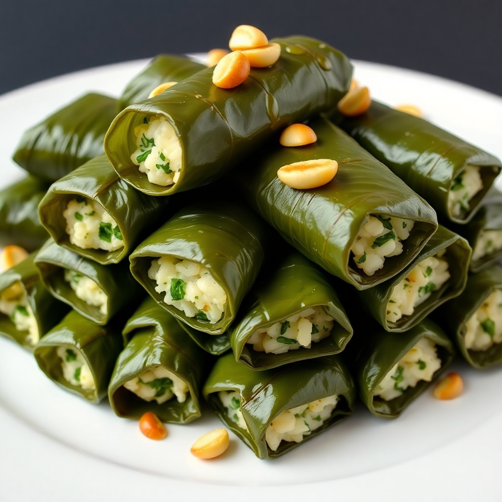Stuffed Grape Leaves with Rice, Herbs, and Pine Nuts