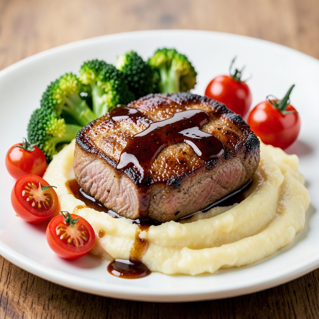 Pan-Seared Pork Steak with Broccoli, Cherry Tomatoes, Mashed Potatoes, and Demi-Glace