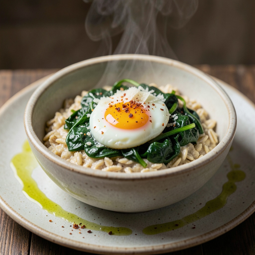 Savory Oatmeal with Spinach and Poached Egg