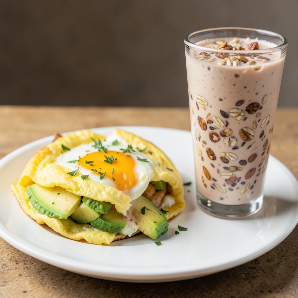 Protein-Packed Avocado Omelette with Cinnamon Nutty Shake