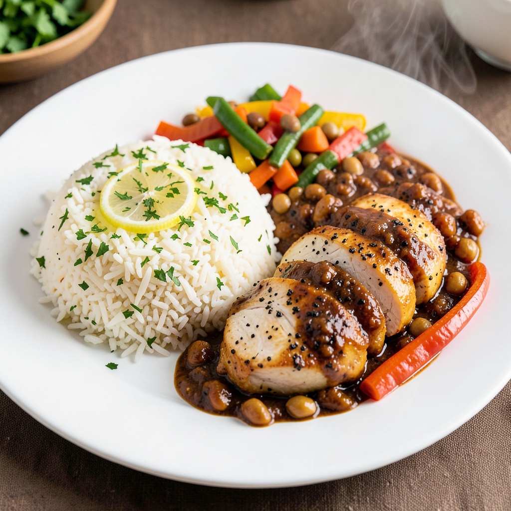 Lemon Coriander Rice with Chole Masala and Chicken Pepper Fry with Sautéed Veggies
