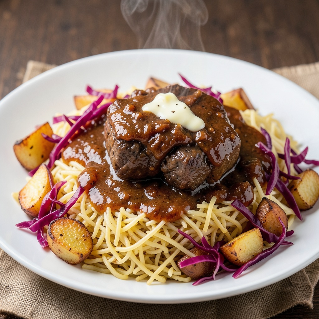 Basmati Rice with Red Cabbage, Sauerbraten Sauce, Beef, and Potatoes