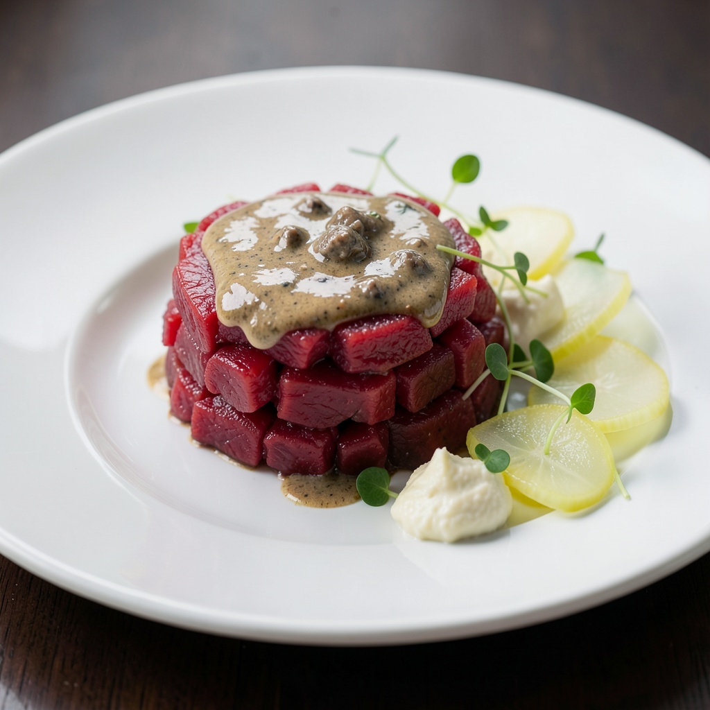 Beef Tartare with Truffle Emulsion and Pickled Celery Root Slices