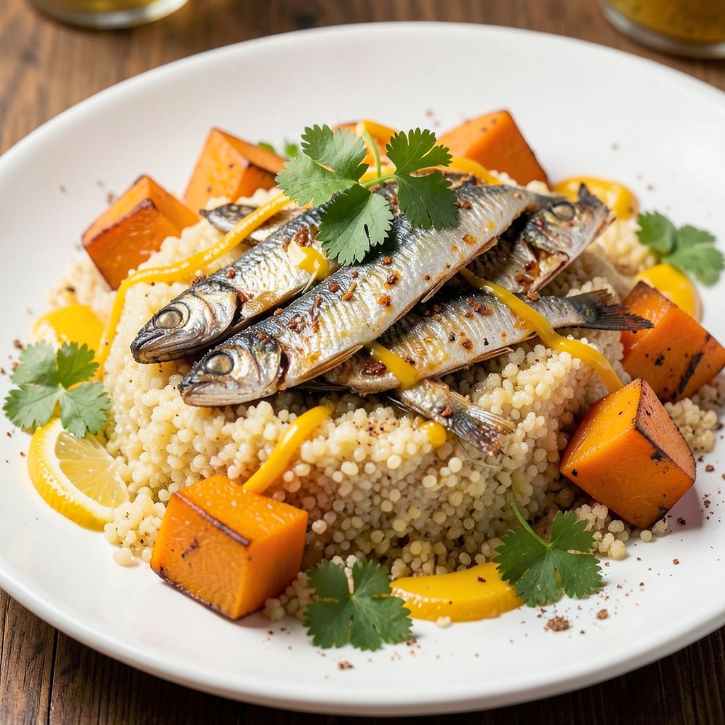 Spiced Sardine and Sweet Pumpkin Semolina with Orange-Cilantro Dressing
