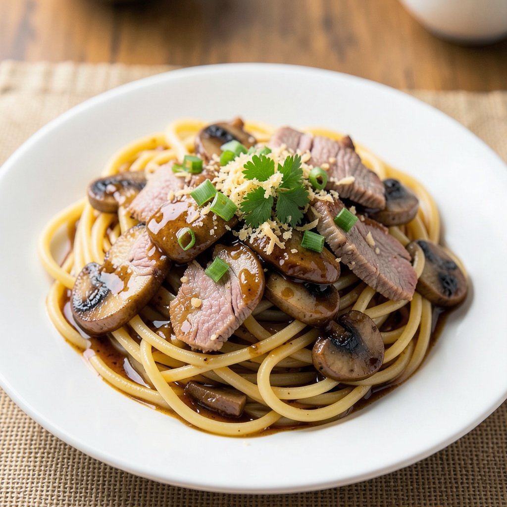 Garlic Ginger Pork Pasta with Mushrooms