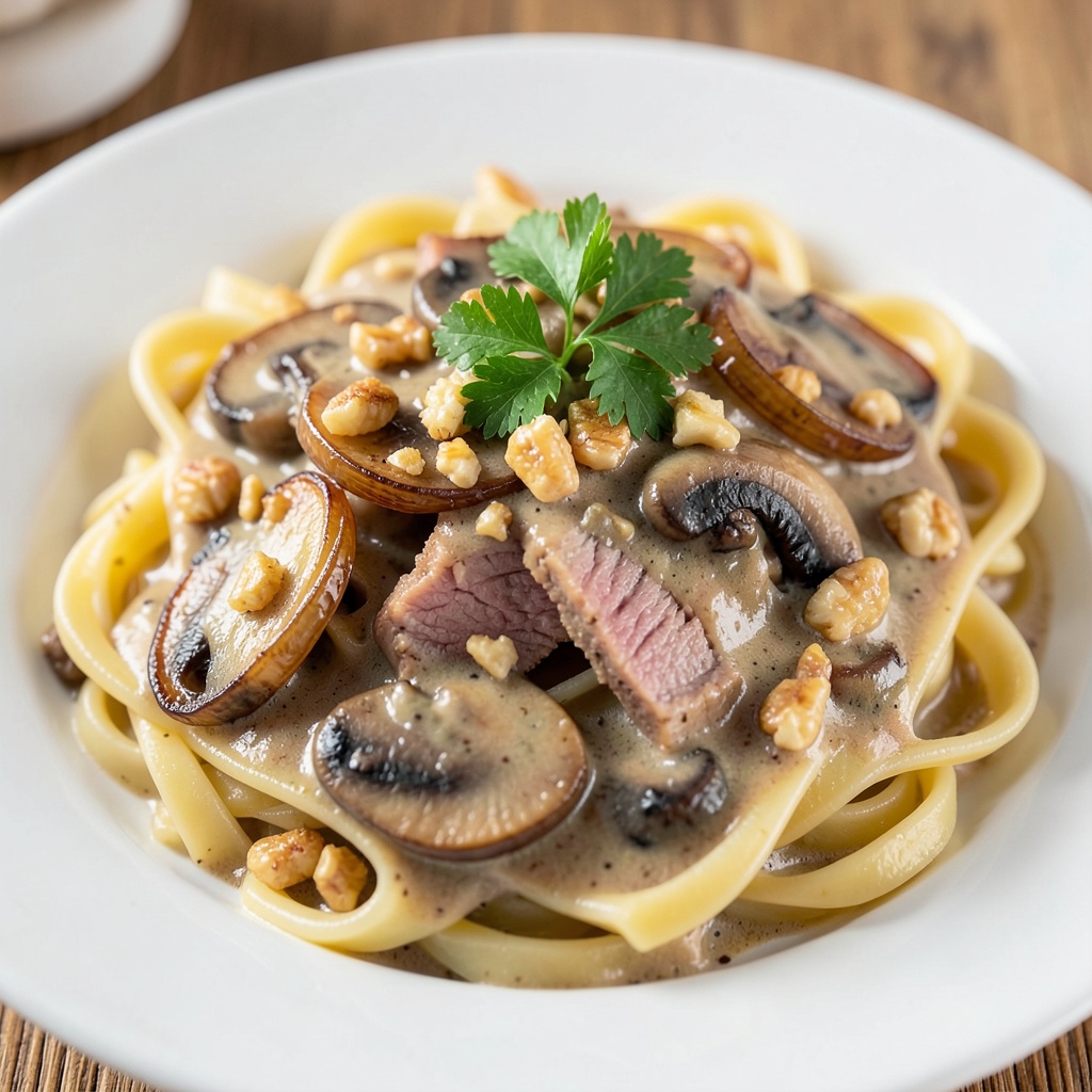 Creamy Pork and Mushroom Pasta with Toasted Nuts