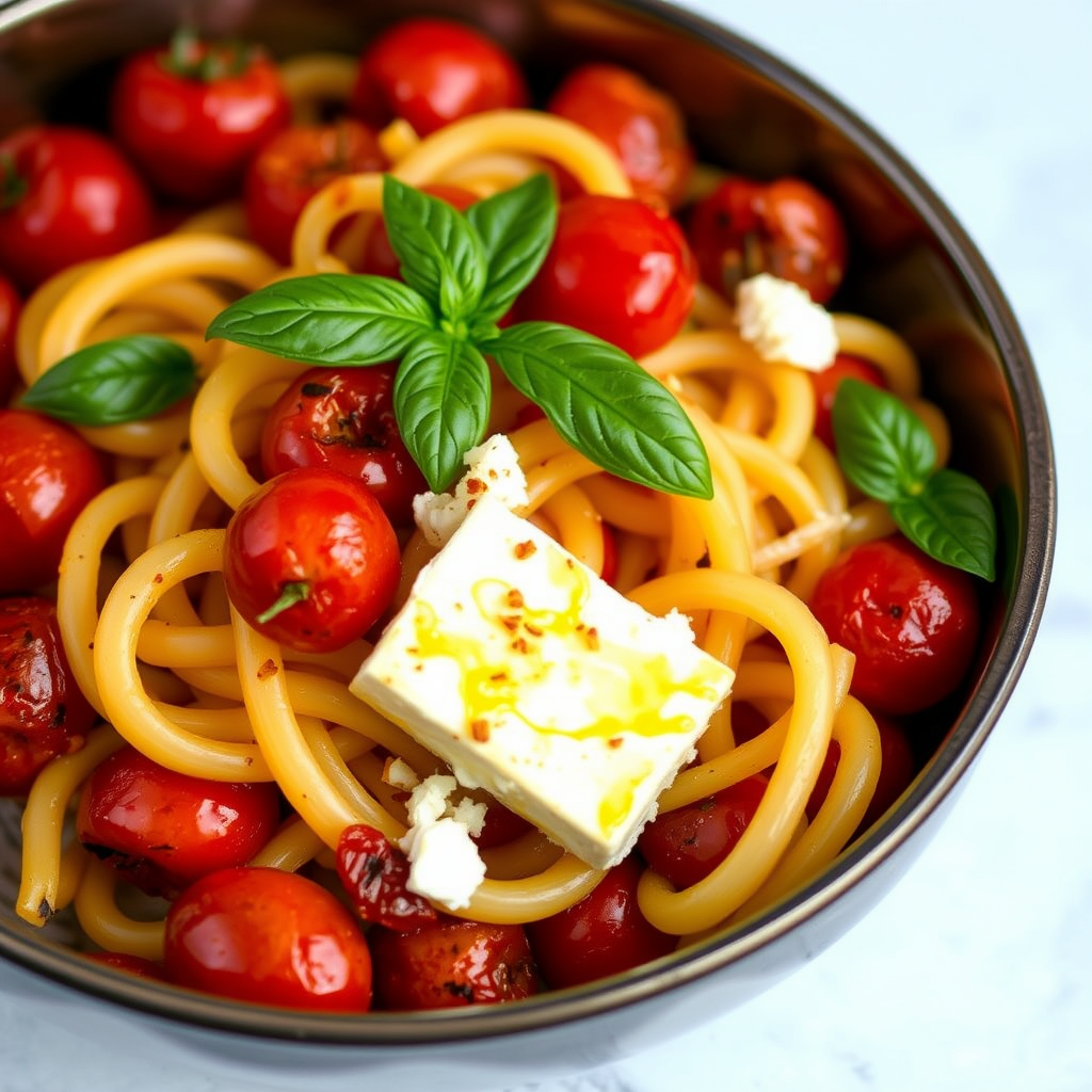 Baked Feta Pasta with Cherry Tomatoes Recipe | cookAIfood