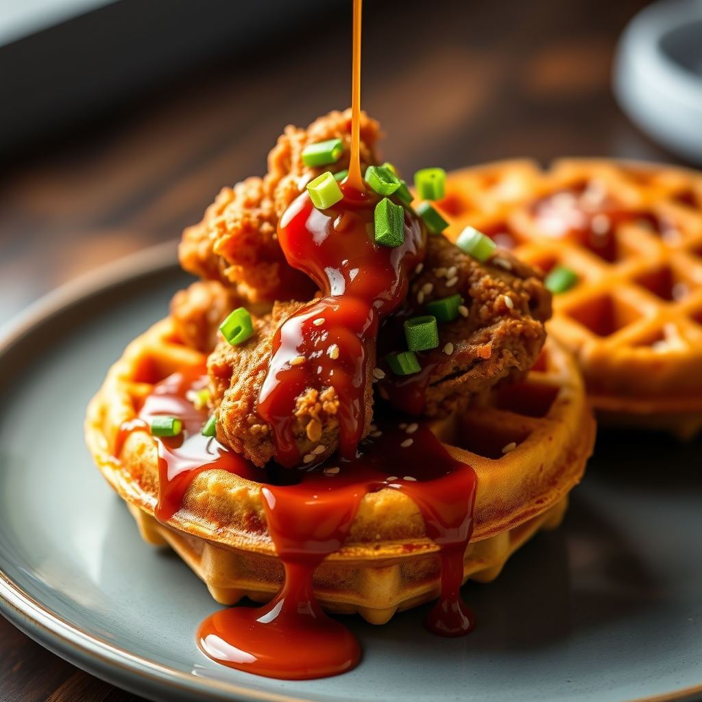 Korean Fried Chicken with Kimchi Waffles and Gochujang Caramel Recipe