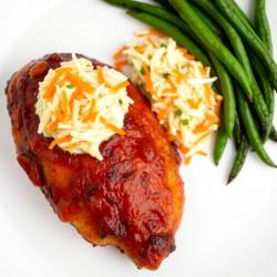 BBQ Chicken Thighs with Creamy Coleslaw and Roasted Green Beans