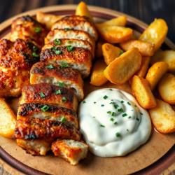 Chicken Shawarma Arabi with Garlic Mayonnaise and Crispy Potato Wedges