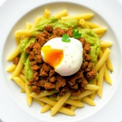 Creamy Avocado Mince Pasta with Poached Egg
