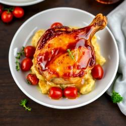 Sticky Sweet Chicken Thigh with Potato Gratin and Roasted Tomatoes & Broccolini