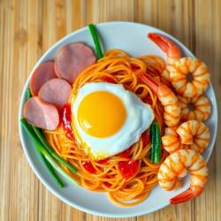 Spicy Fried Noodles with Mortadella, Sunny Side Egg, and Royal Shrimp