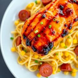 Soy-Glazed Chicken Cutlets with Angel Hair Pasta, Cut Franks, and Sweet Corn