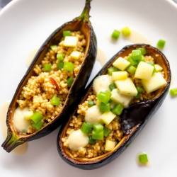 Quinoa Stuffed Eggplant with Celery-Apple Salsa
