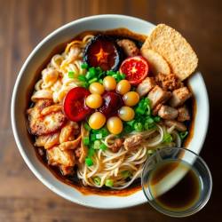 Artistic Soy-Miso Noodle Bowl with Chicken, Pork, and Citrus Accents