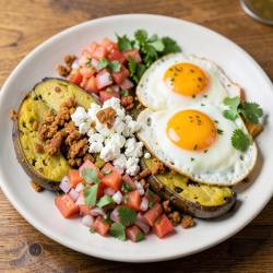 Tigrillo con Queso y Chicharrón with Salsas and Fried Eggs