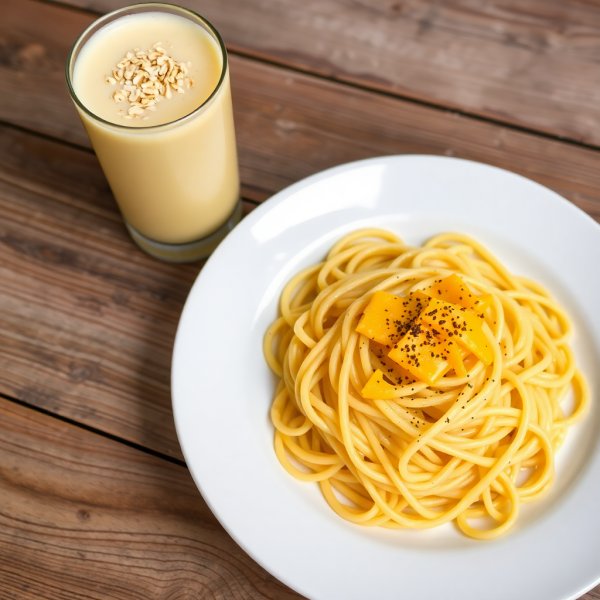 Cheesy Garlic Pasta with Banana Oat Smoothie
