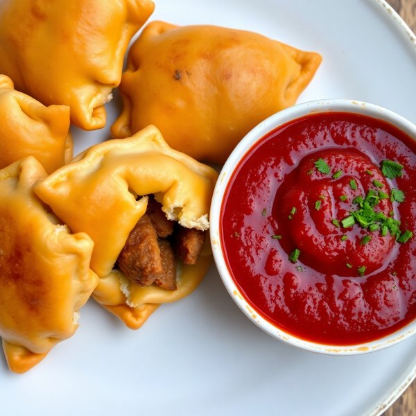Cheburek on a Plate with Tangy Dipping Sauce