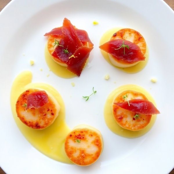 Seared Scallops with Saffron Cauliflower Purée and Crispy Prosciutto