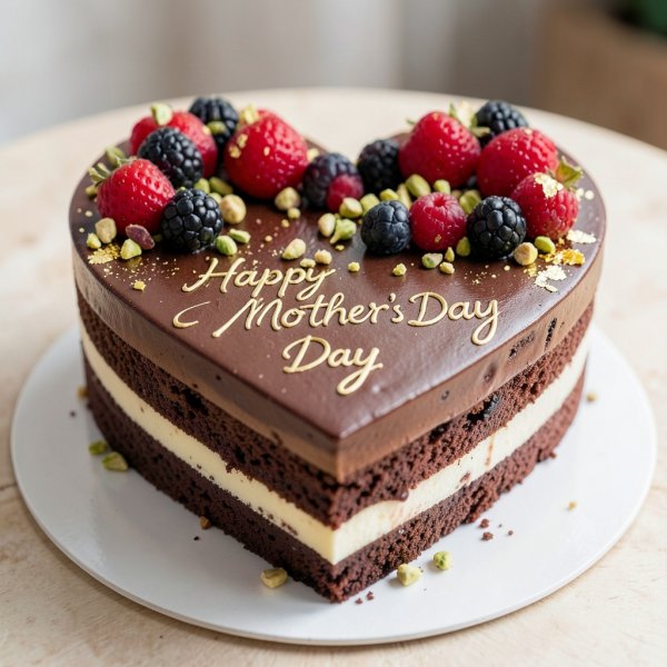 Mother's Day Heart-Shaped Chocolate-Vanilla Cake with Pistachio, Berries & Edible Gold