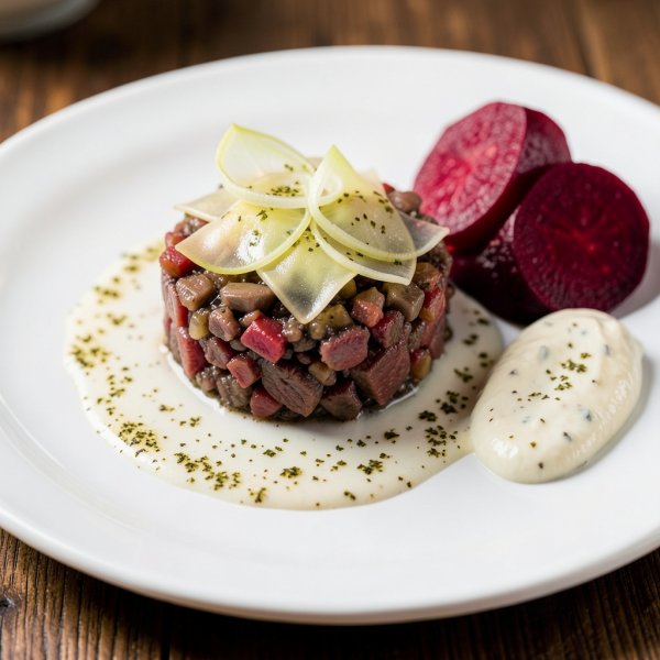 Beef Tartare Ravioli with Marinated Celery and Umami Truffle Sauce