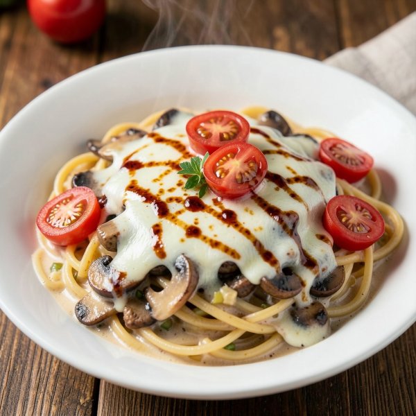 Creamy Spaghetti with Mushrooms, Eggs, and Trio Cheese Melt
