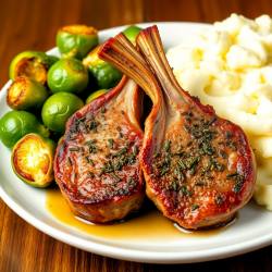 Herb-Crusted Lamb Chops with Roasted Brussels Sprouts and Garlic Mashed Potatoes