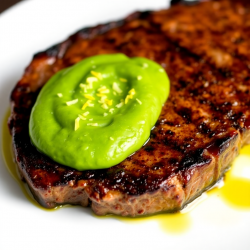 Steak with Garlic Pea Purée