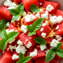 Watermelon and Cheese Salad with Caramelized Onions