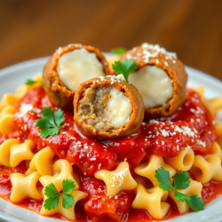 Italian Sausage Stuffed Meatballs with Mini Farfalle
