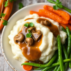 Creamy Turnip Mash with Mushroom Sauce and Sautéed Carrots & Green Beans