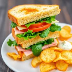 Classic Ham and Cheese Sandwich with Herb Mayo and Chips