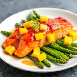 Baked Salmon with Mango Chili Glaze, Mango Garnish, and Asparagus