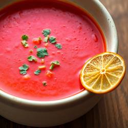 Fresh Coriander and Tomato Soup with Dried Lemon