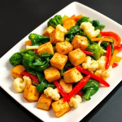 Stir-Fried Tofu with Sprouts, Broccoli, Cauliflower, Spinach, and Peppers