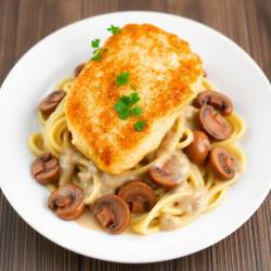 Chicken Cutlets with Angel Hair Pasta, Cut Franks, and Mushroom Sauce